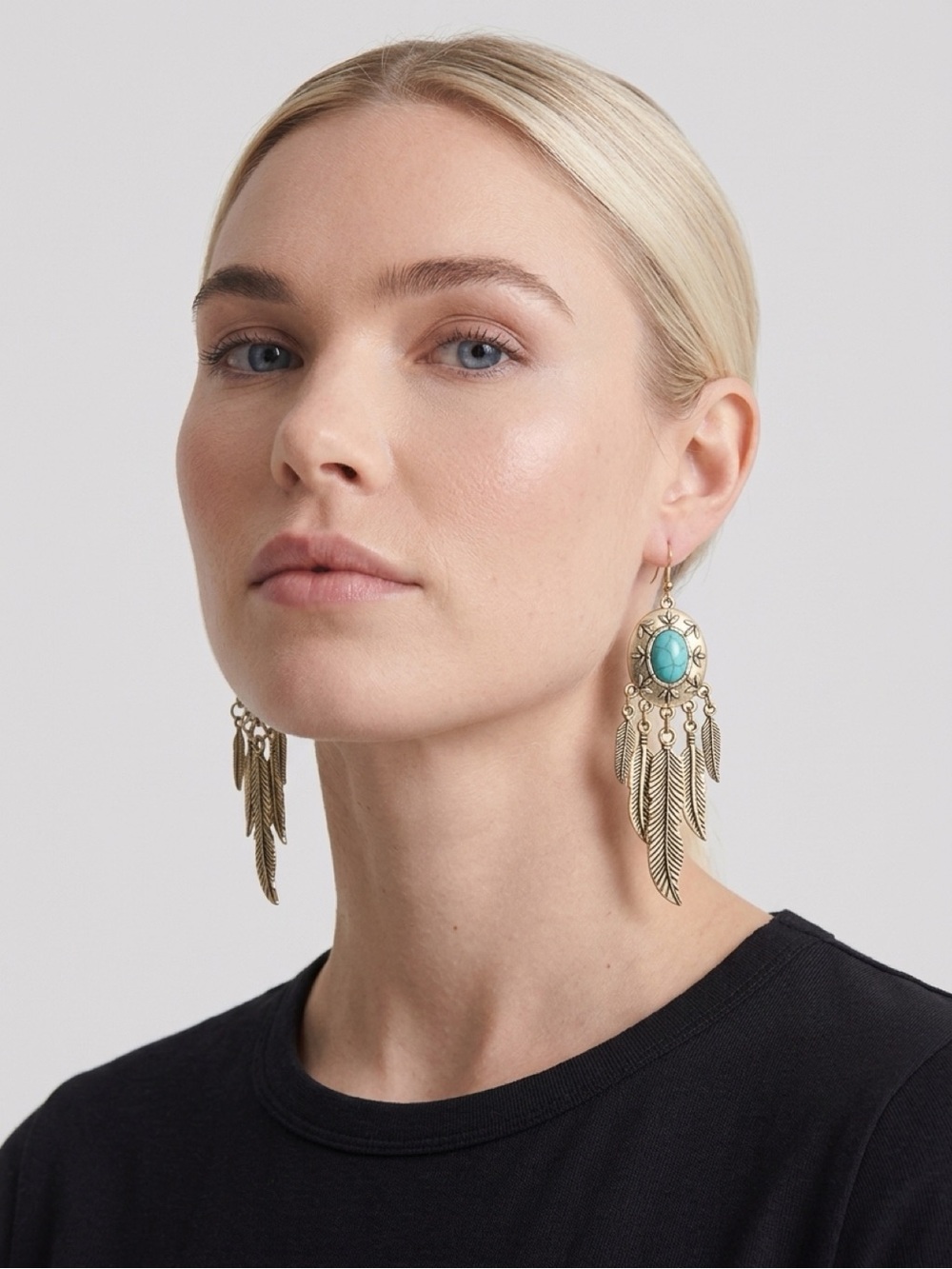 Gold-Tone Feather Drop Earrings with Turquoise Stone Accent